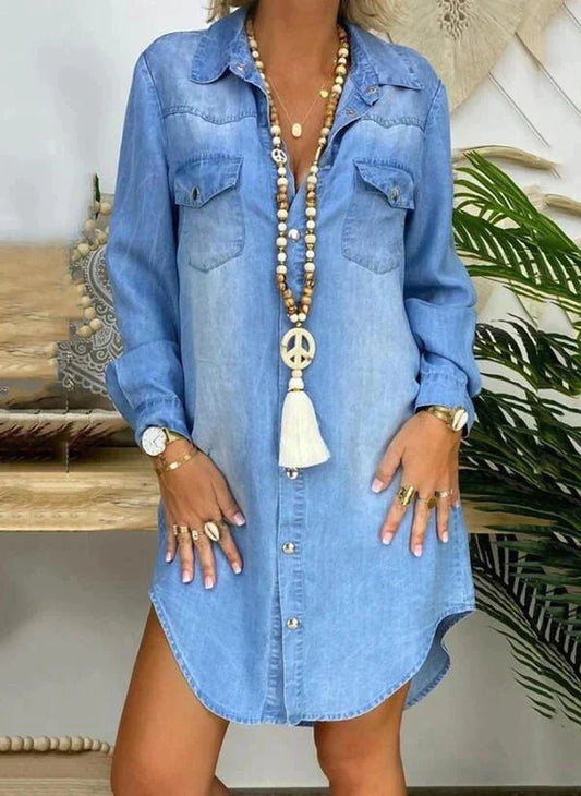 Jasmine - Loose Fit Long Sleeve Solid Denim Shirt Dress