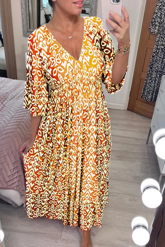 Casual bohemian print v-neck maxi dress with waist wrap