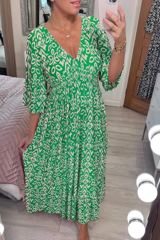 Casual bohemian print v-neck maxi dress with waist wrap