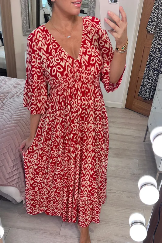 Casual bohemian print v-neck maxi dress with waist wrap