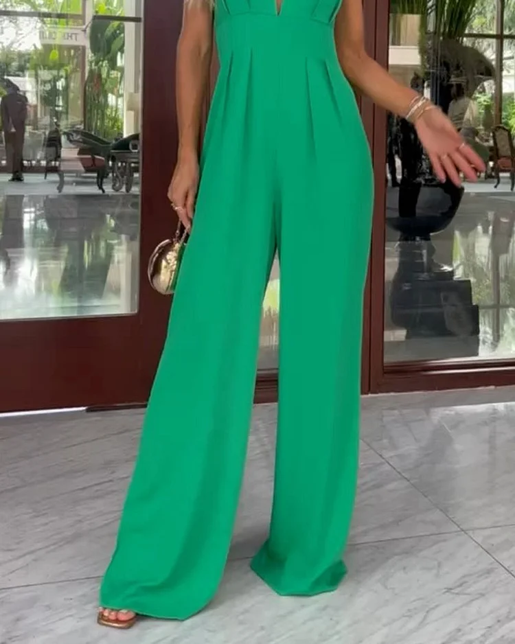 Solid Color V Neck Sleeveless Casual Jumpsuit