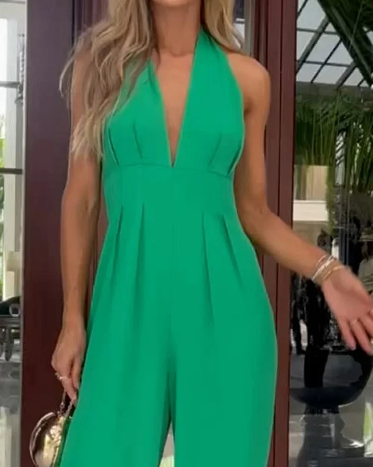 Solid Color V Neck Sleeveless Casual Jumpsuit