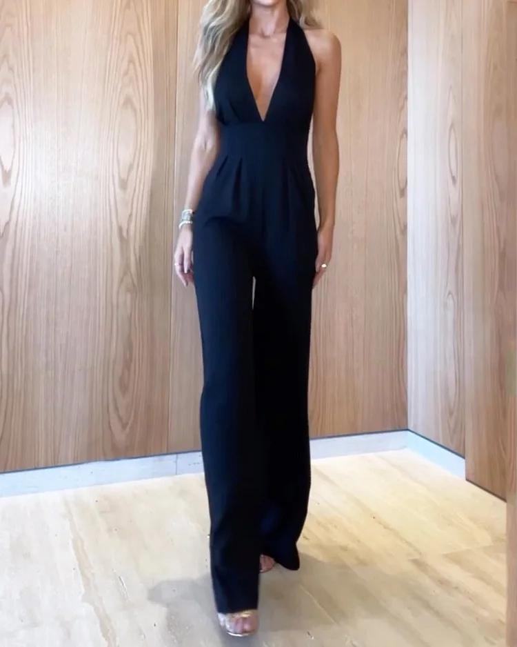 Solid Color V Neck Sleeveless Casual Jumpsuit