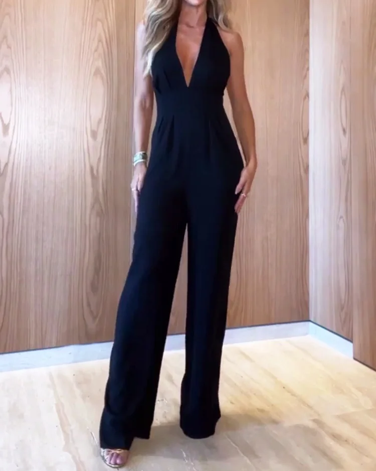 Solid Color V Neck Sleeveless Casual Jumpsuit