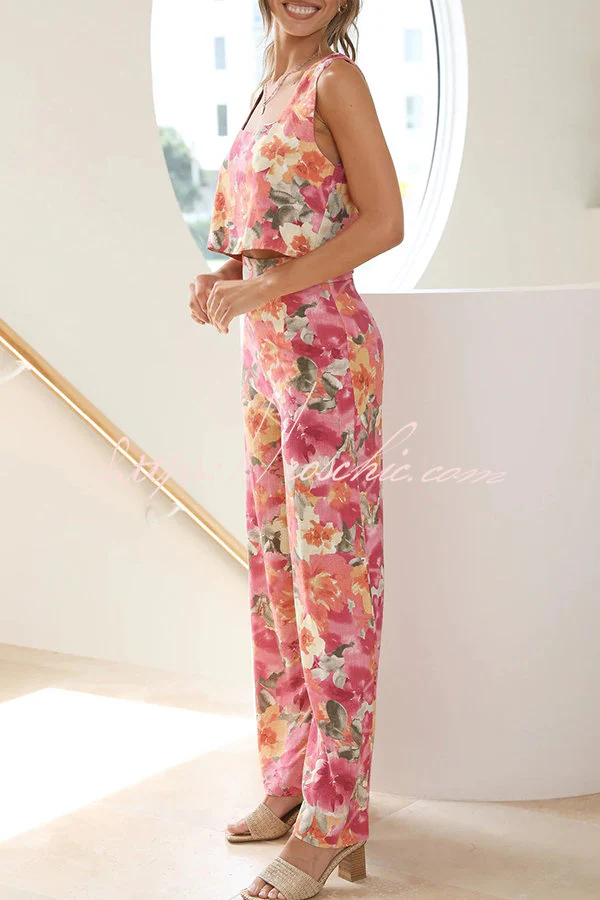 Truly Darling Floral Square Neck Tank Top &amp; High Waisted Wide Leg Pants Set