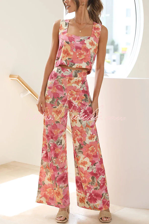 Truly Darling Floral Square Neck Tank Top &amp; High Waisted Wide Leg Pants Set