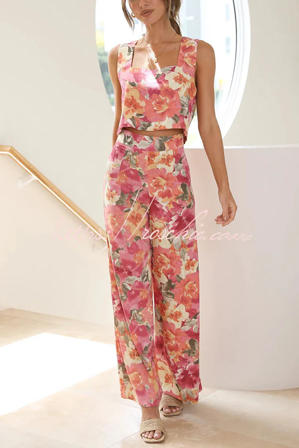 Truly Darling Floral Square Neck Tank Top &amp; High Waisted Wide Leg Pants Set