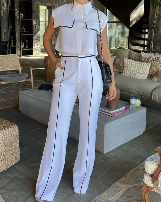 Mid-collar vest and high-waisted wide-leg pants set