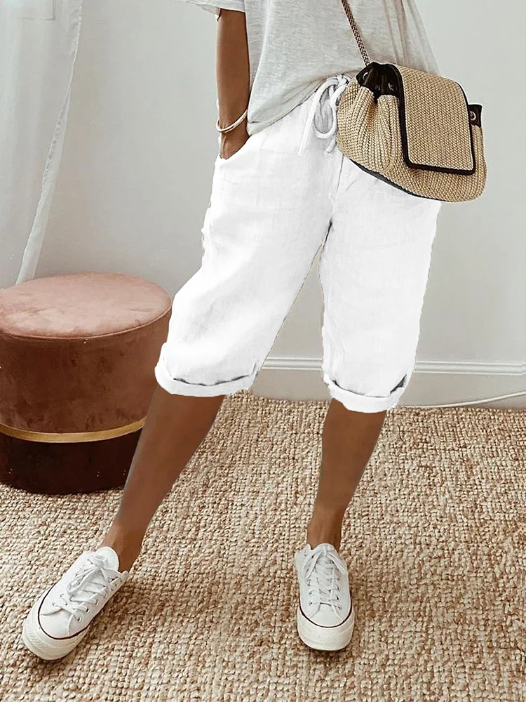 Solid Color Casual Pants with Drawstring Side Pockets