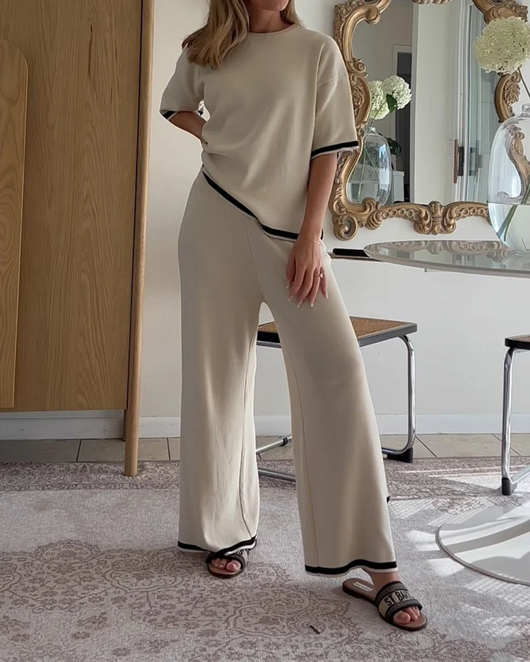 Short Sleeve Round Neck Top and Matching Pants Two Piece Suit