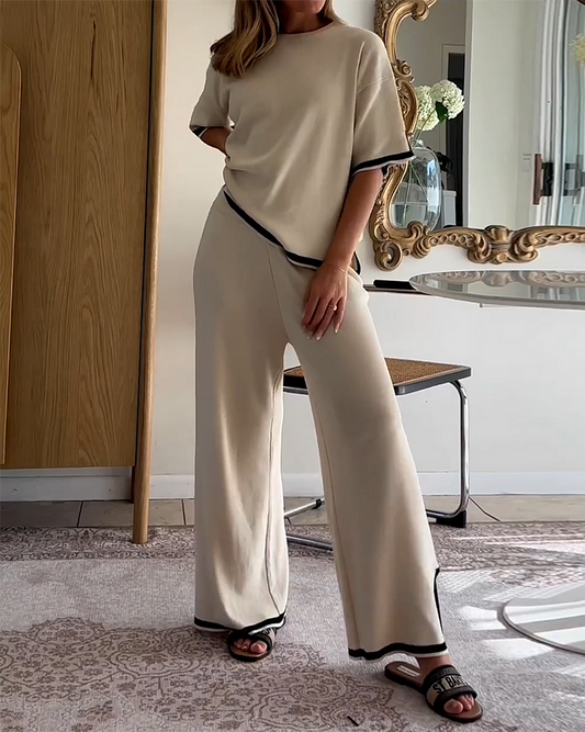 Short Sleeve Round Neck Top and Matching Pants Two Piece Suit