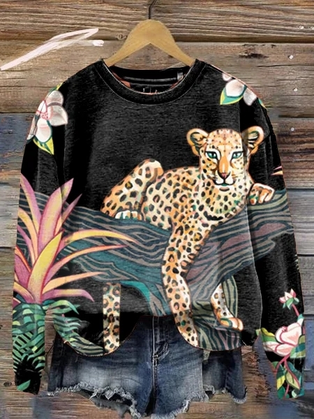 Women's Long Sleeve Crew Neck Leopard Print Floral Sweatshirt