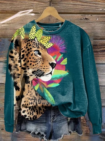 Women's Long Sleeve Crew Neck Leopard Print Floral Sweatshirt