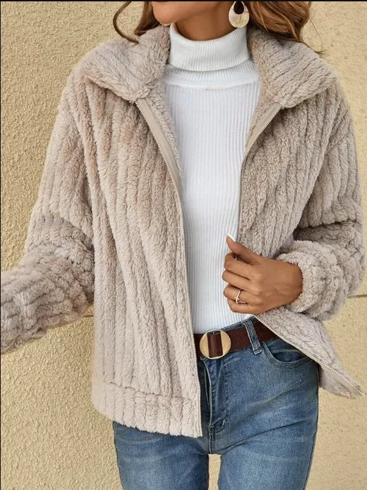 Short Lapel Jacket with Zipper Winter Warm Fleece Coat with Zipper Casual Coat Top