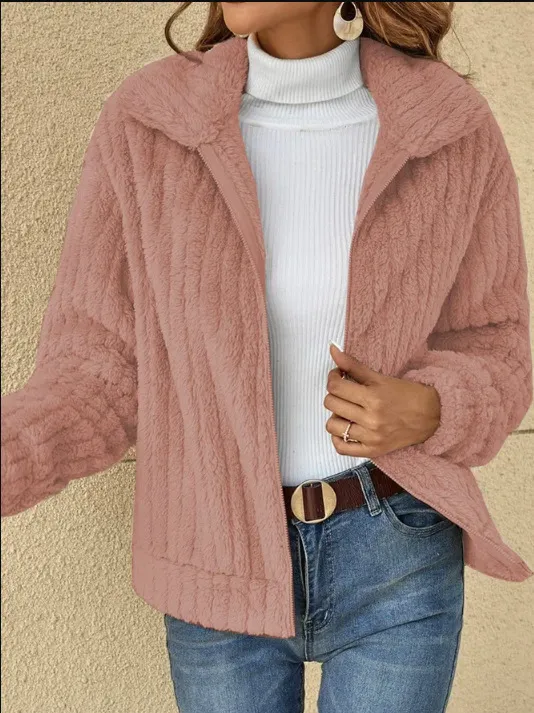 Short Lapel Jacket with Zipper Winter Warm Fleece Coat with Zipper Casual Coat Top