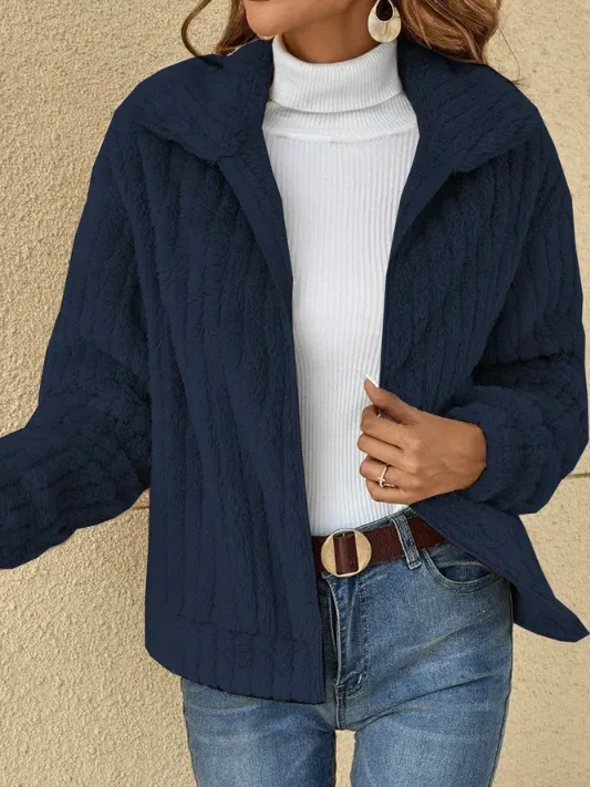 Short Lapel Jacket with Zipper Winter Warm Fleece Coat with Zipper Casual Coat Top