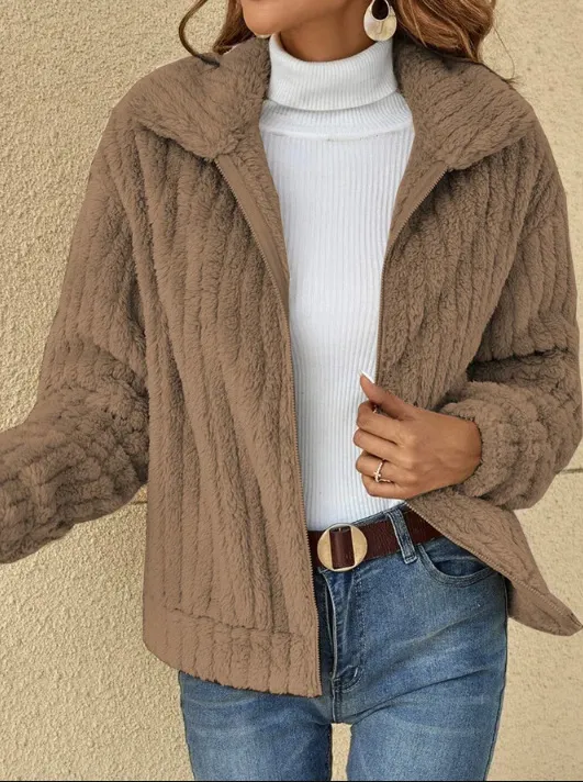 Short Lapel Jacket with Zipper Winter Warm Fleece Coat with Zipper Casual Coat Top