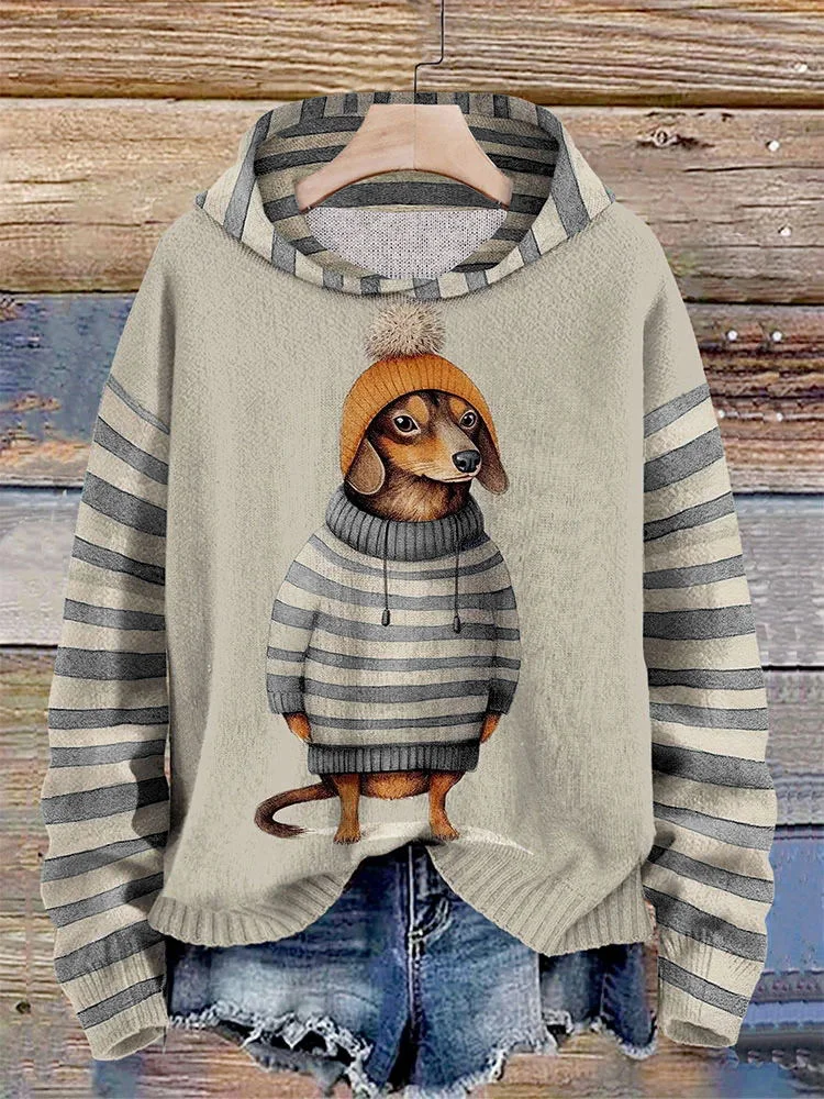 Women Dachshund Dog Clothes Striped Print Splice Hoodie