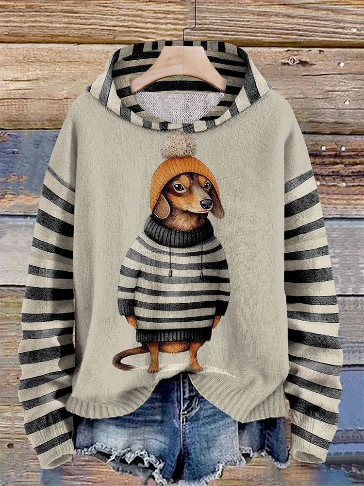 Women Dachshund Dog Clothes Striped Print Splice Hoodie