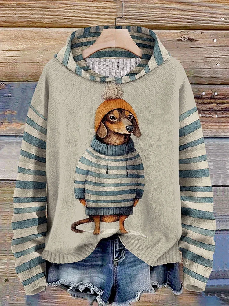 Women Dachshund Dog Clothes Striped Print Splice Hoodie