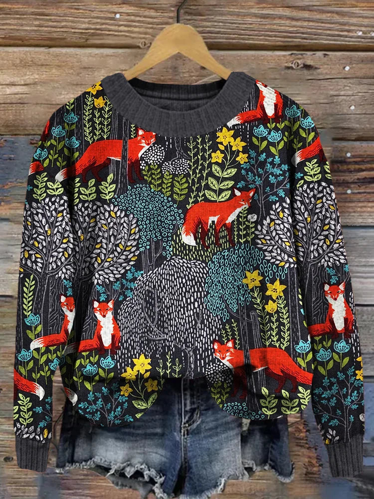 Fox in the forest vintage grey cozy sweater