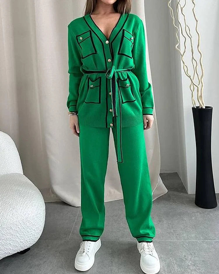 Casual solid color knitted two piece suit