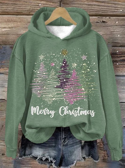 Women's Merry Christmas Glitter Tree Print Hoodie