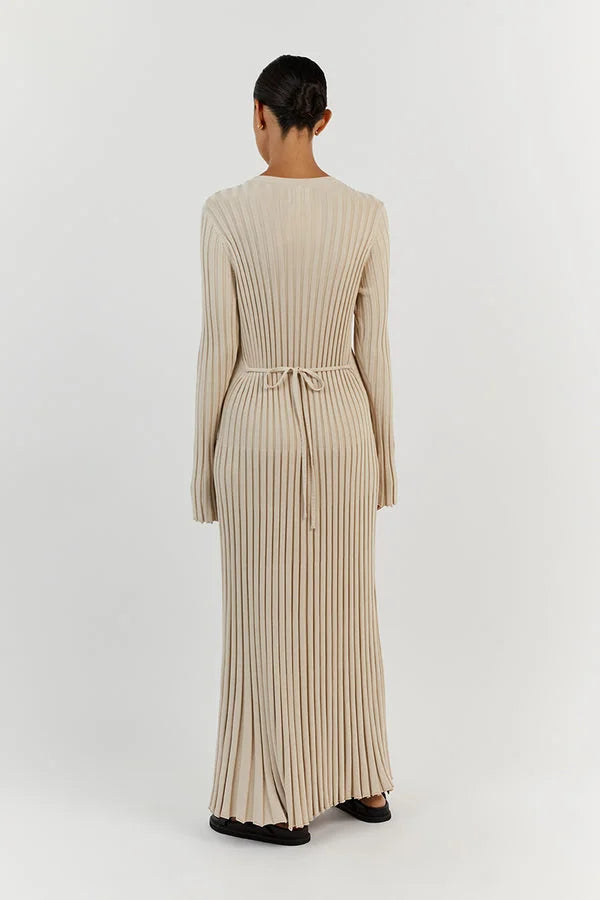 Crew Neck Sleeved Knit Midi Dress 