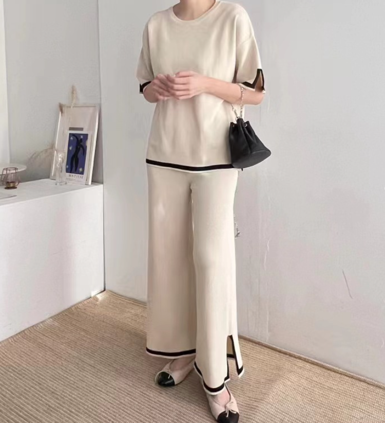 Short Sleeve Round Neck Top and Matching Pants Two Piece Suit