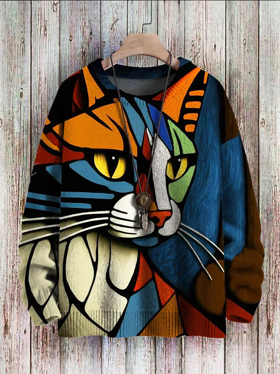 Jake - Casual Knitted Sweater with Multicolor Abstract Cat Print