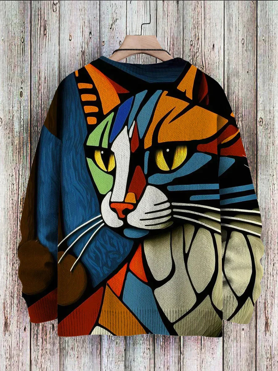 Jake - Casual Knitted Sweater with Multicolor Abstract Cat Print