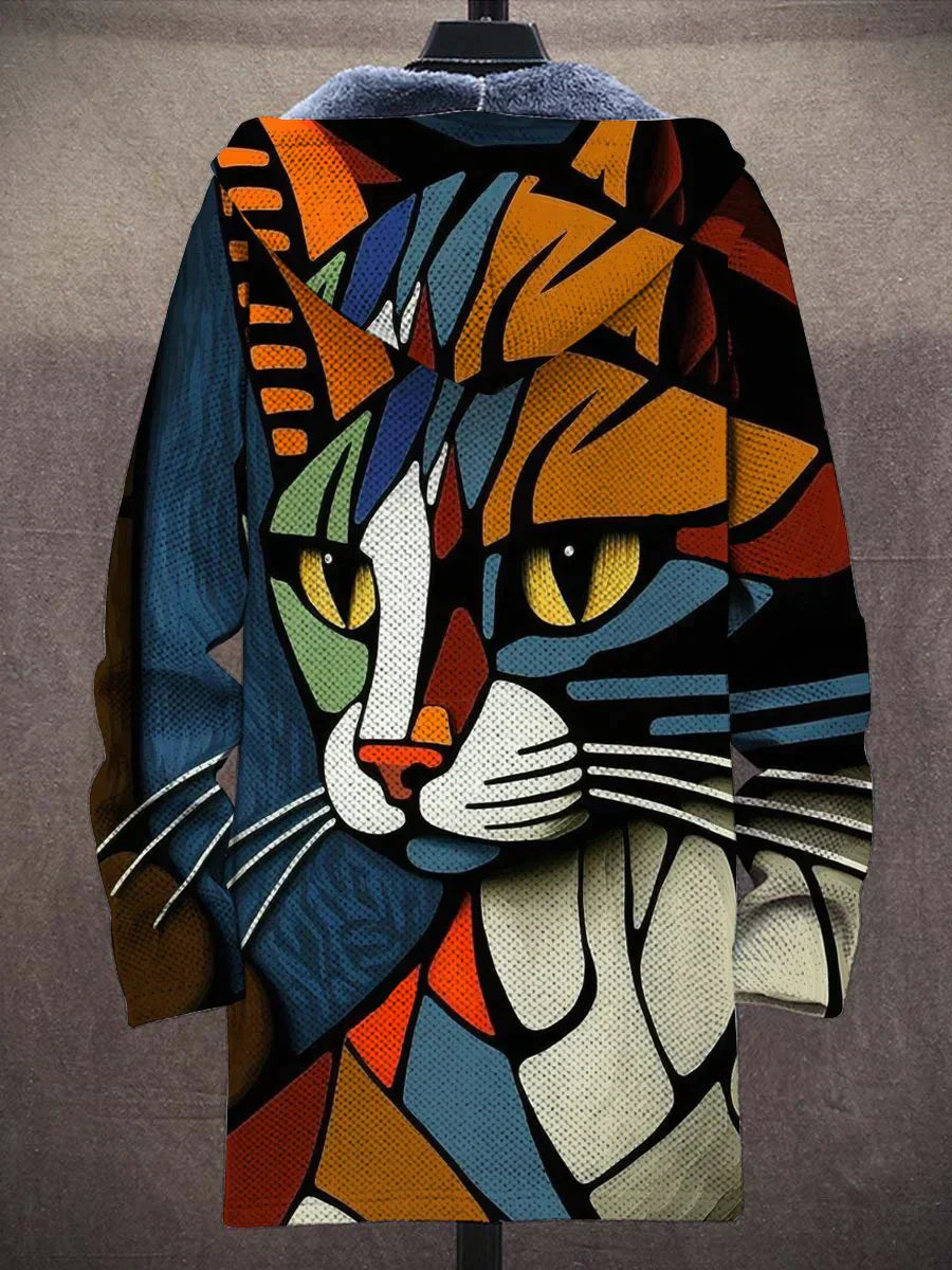 Garfi Unisex Long Sleeve Plush Abstract Art Cat Print Cardigan Coat